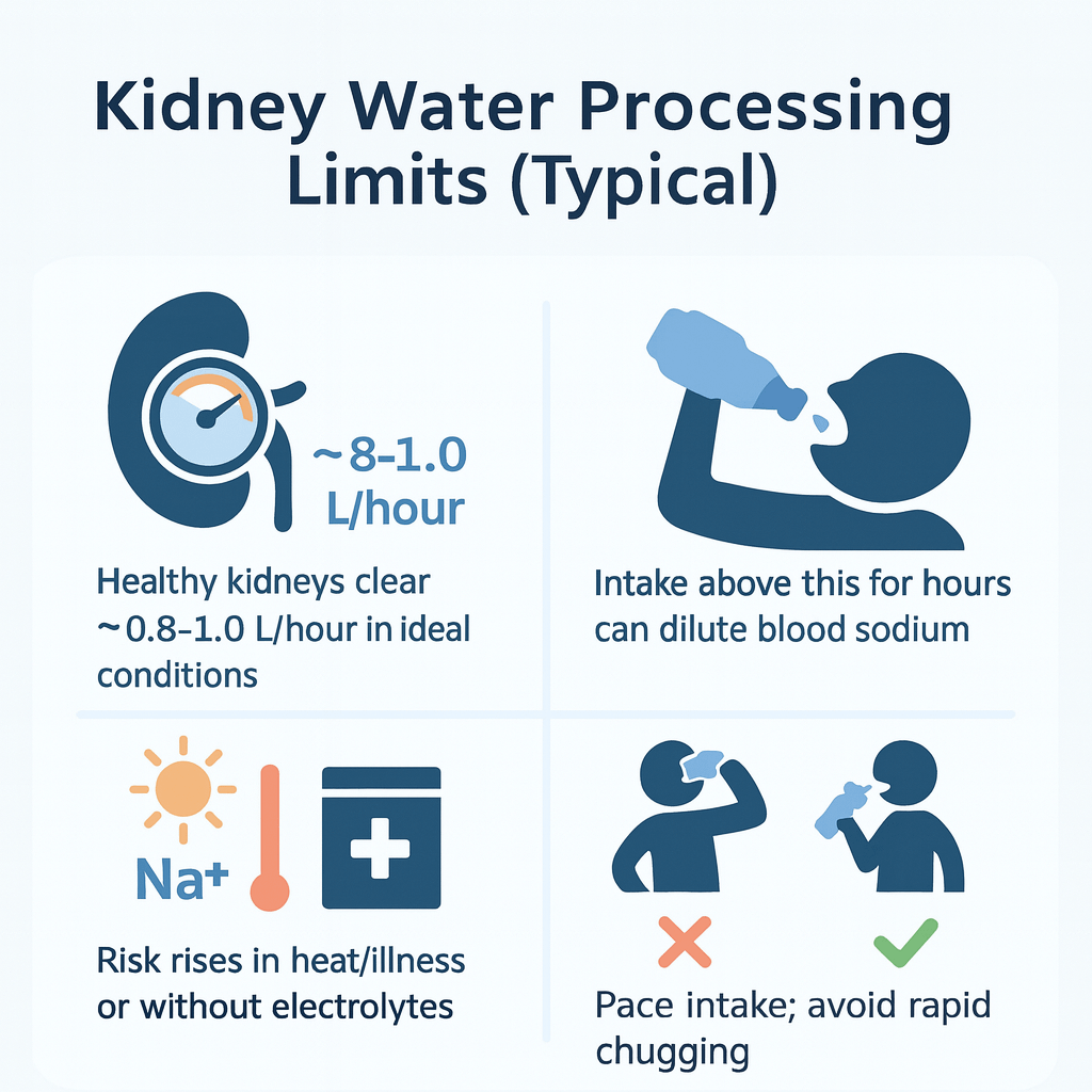 Infographic: kidney water processing limits—typical clearance ~0.8–1.0 L per hour with risk bands