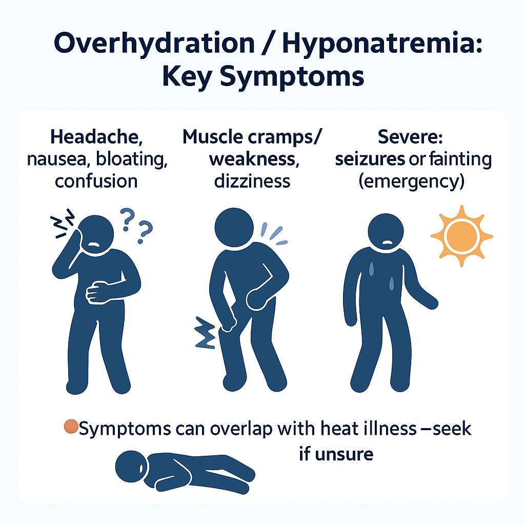 Overhydration / hyponatremia symptoms: headache, nausea, bloating, confusion; severe seizures or fainting