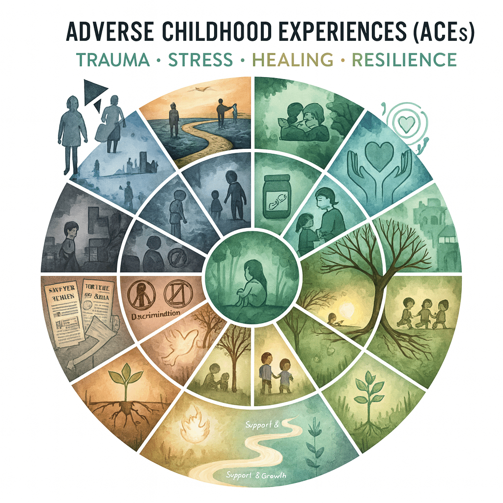 ACE score and childhood trauma list infographic showing adverse childhood experiences and migration stress