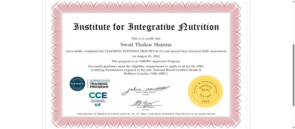 Swati Thakur nutrition certification