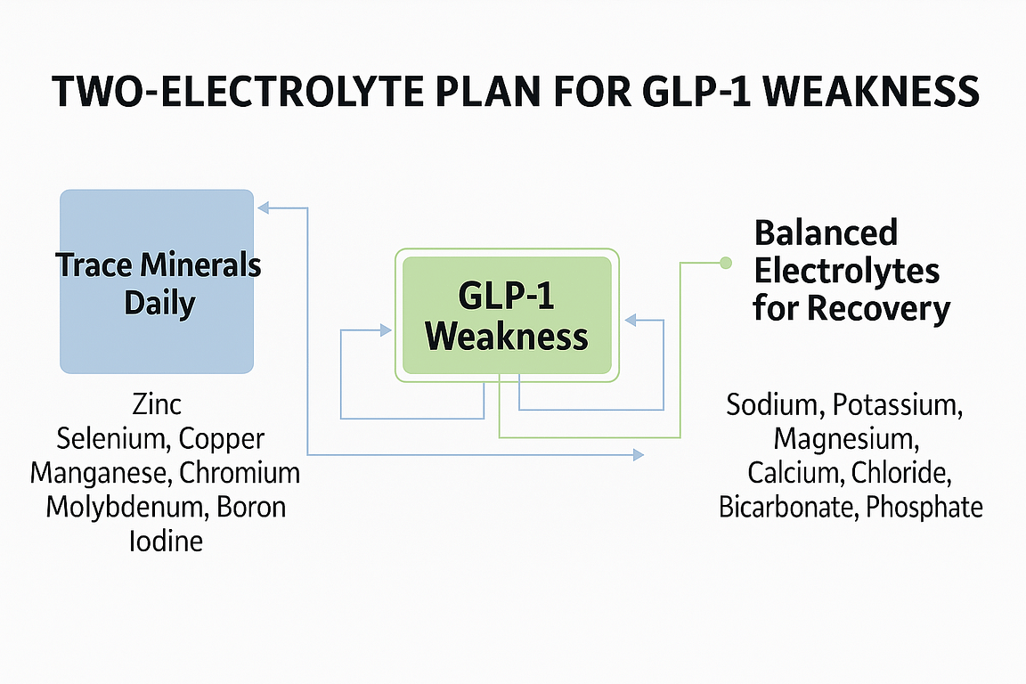GLP-1 Weakness two-electrolyte plan diagram: trace minerals daily and balanced mix for recovery
