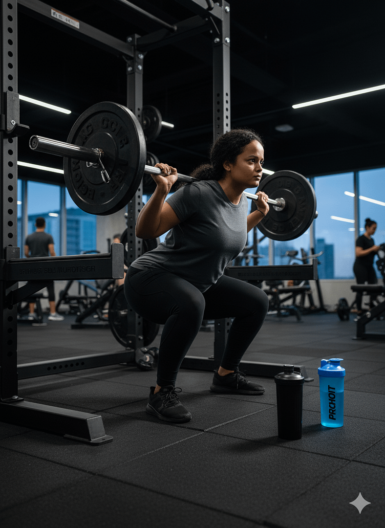 Woman performing a barbell back squat with shaker and water bottle — pre, intra and post-workout nutrition for weight lifting