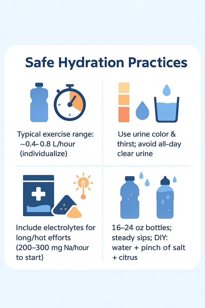 Infographic: safe hydration practices—exercise range, urine color & thirst, electrolytes for long/hot efforts, steady sips with 16–24 oz bottles