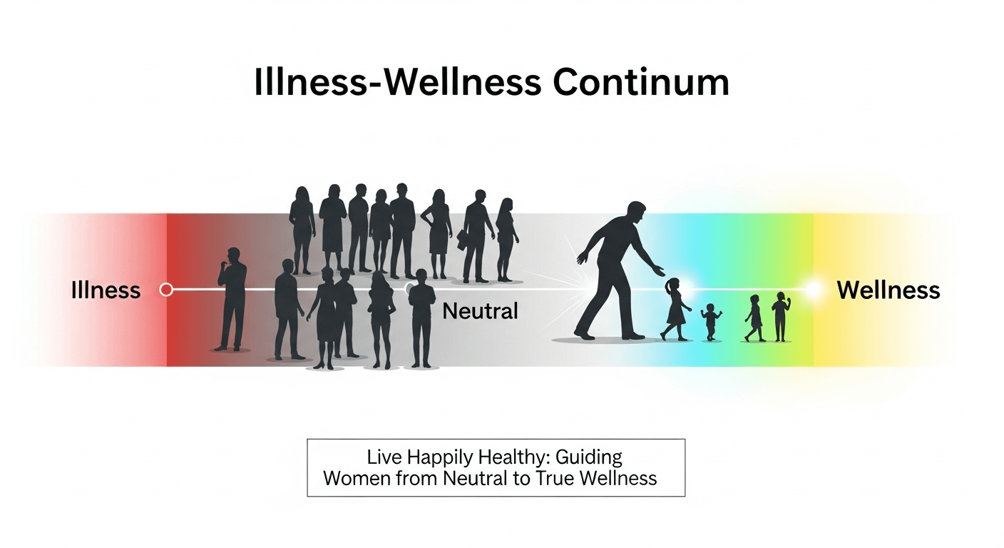 Travis’s Illness–Wellness Continuum showing premature death, disability, symptoms, signs, neutral point, awareness, education, growth, and high-level wellness